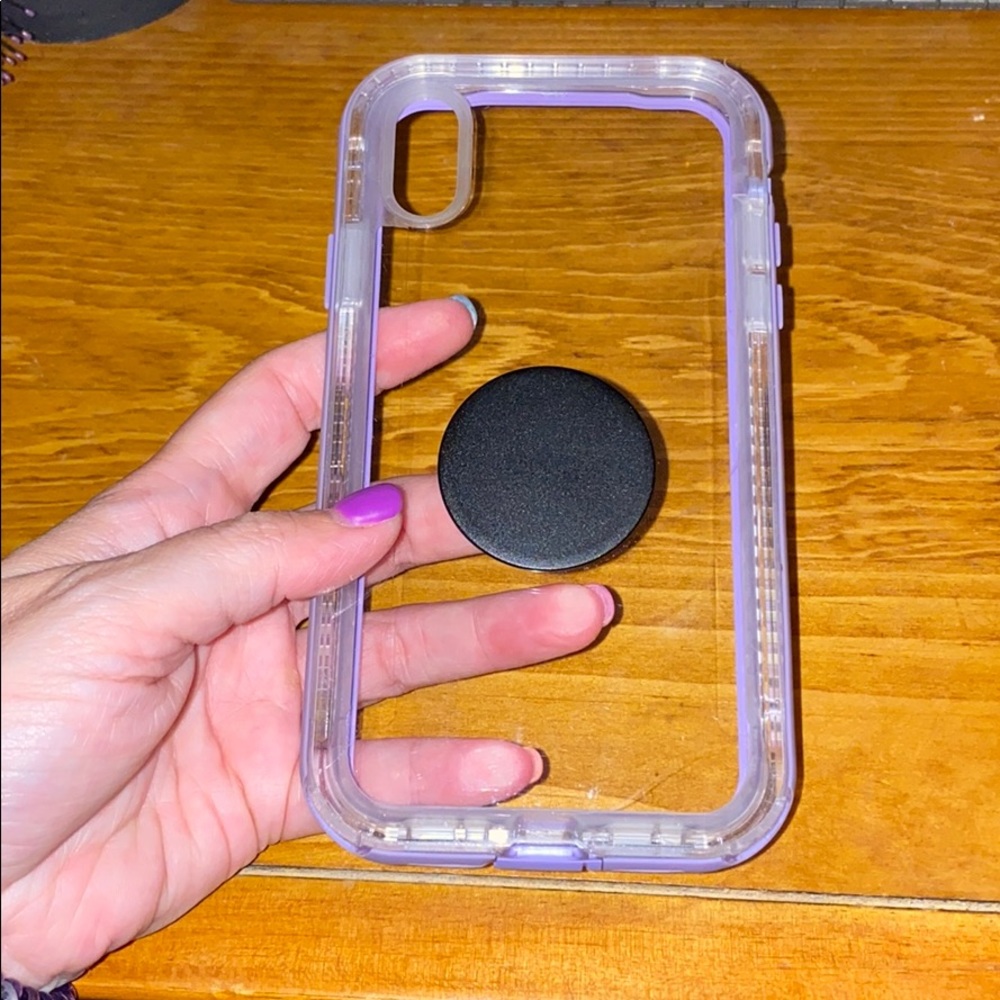 Purple iPhone XR life proof case/black pop socket
